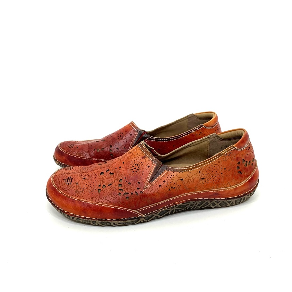 L’ Artiste Libora Hand Painted Leather Slip On Shoes Orange Red Laser Cut Floral